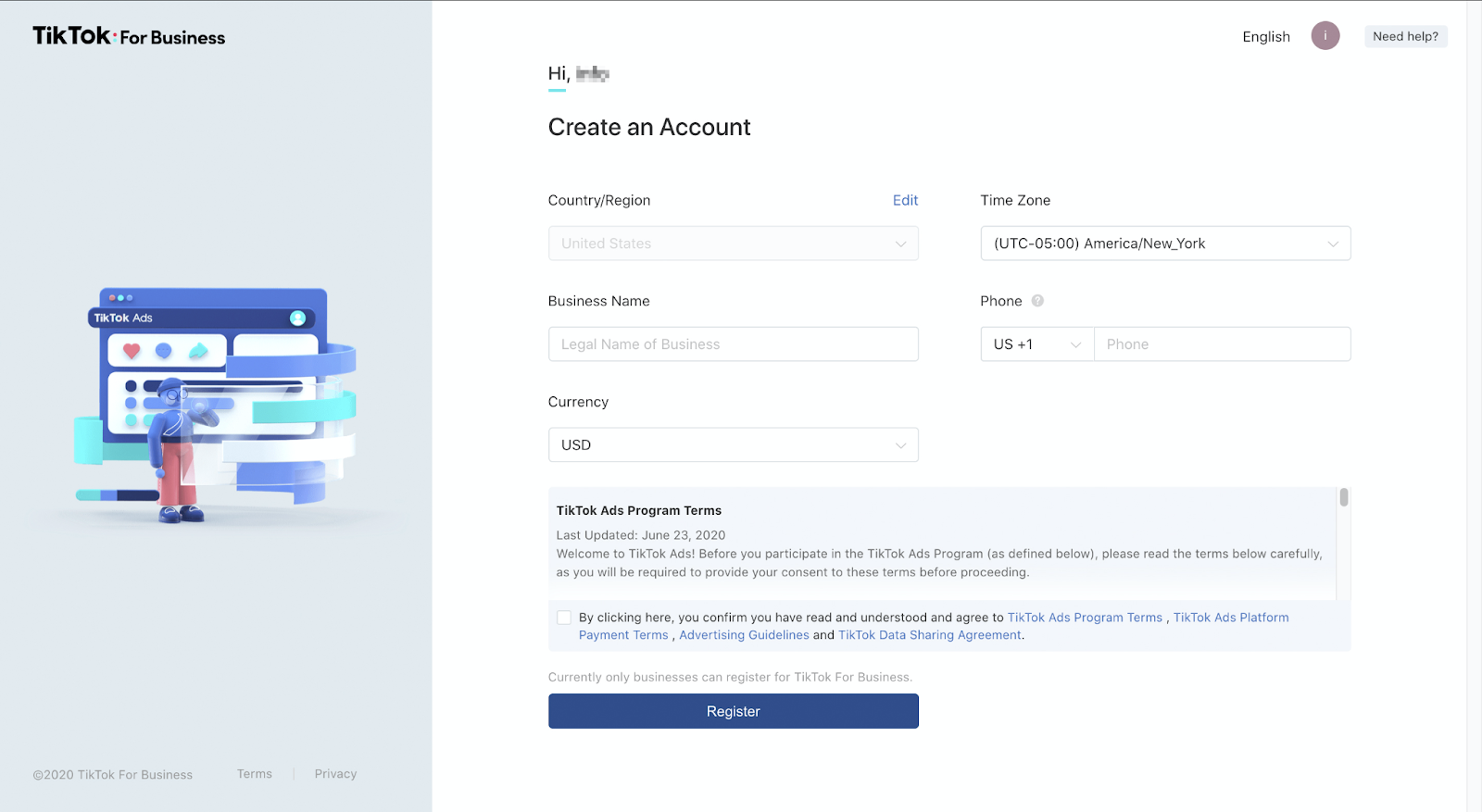 creating a TikTok ads manager account page 