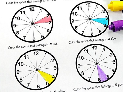 Horloge pédagogique : Colorier les espaces pour apprendre les heures