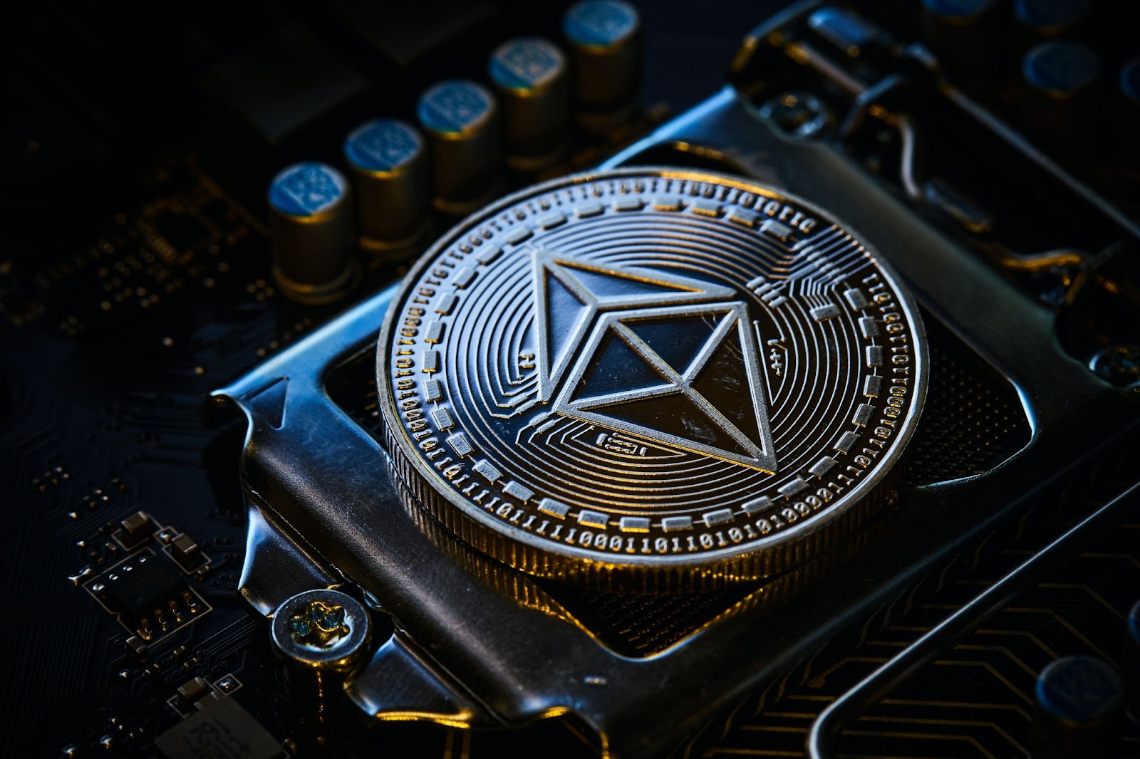 An Ethereum coin amidst computing hardware