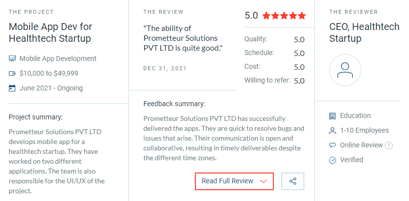 Prometteur Solutions PVT LTD Obtains 5-Star Feedback on Clutch