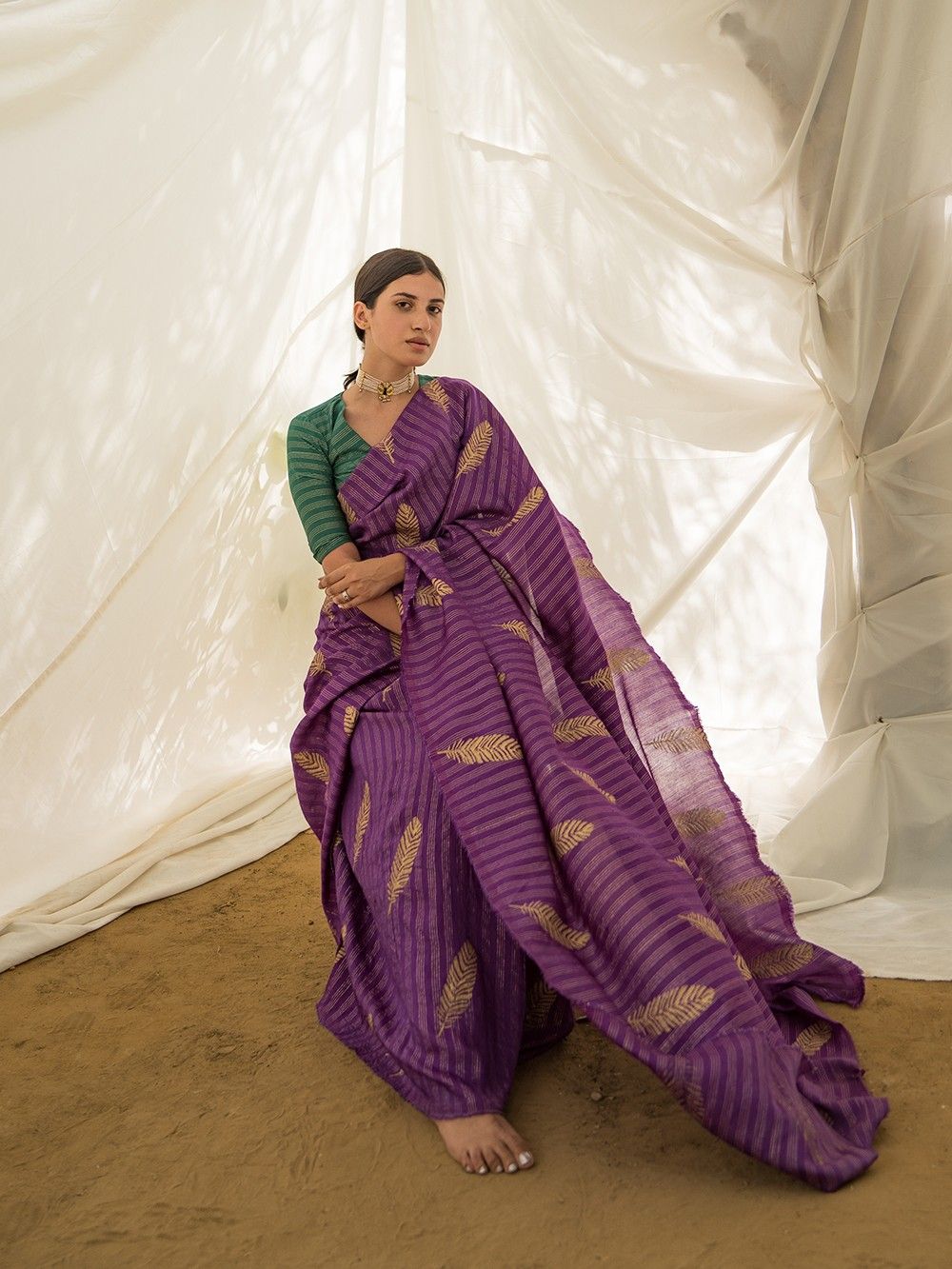 the loom - Purple Hand Block Printed Chanderi Saree 