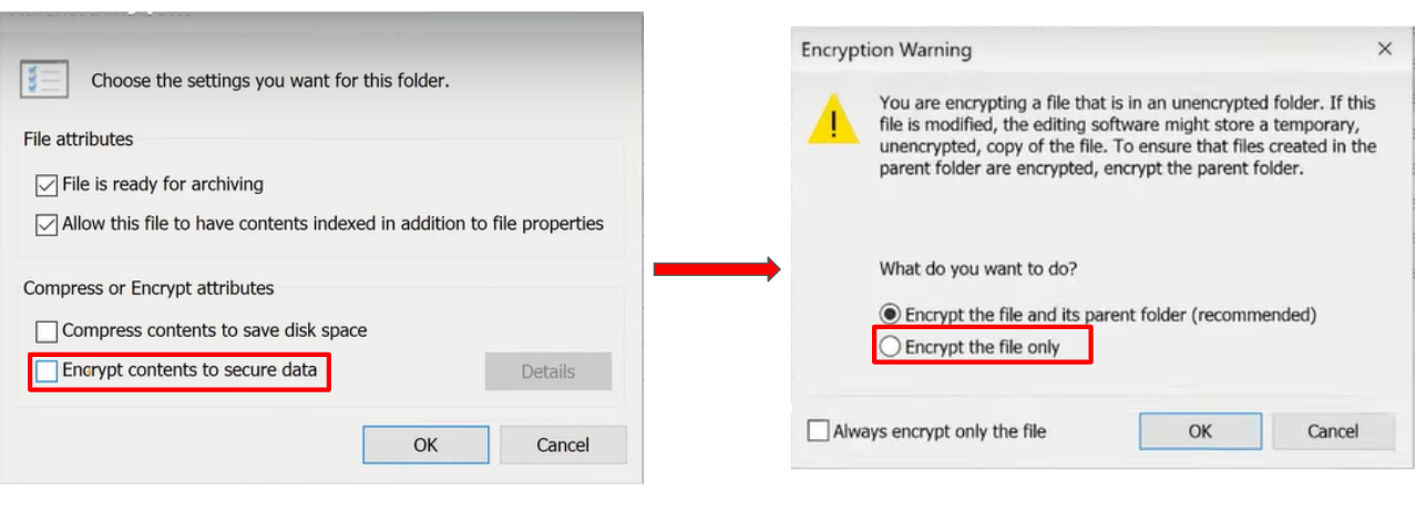 Encryption settings box in Properties tab on Windows 20.