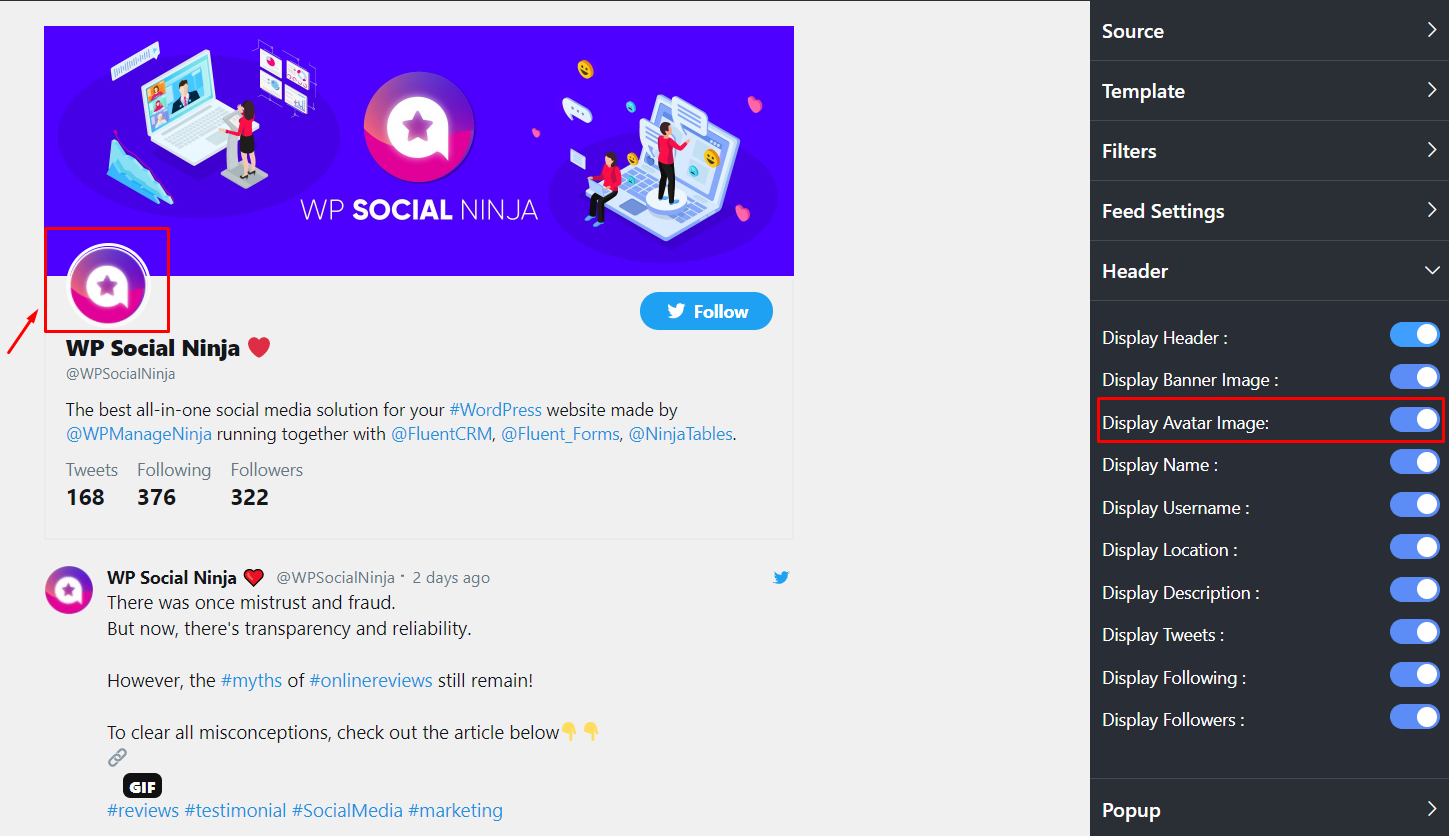 Twitter settings display avatar image