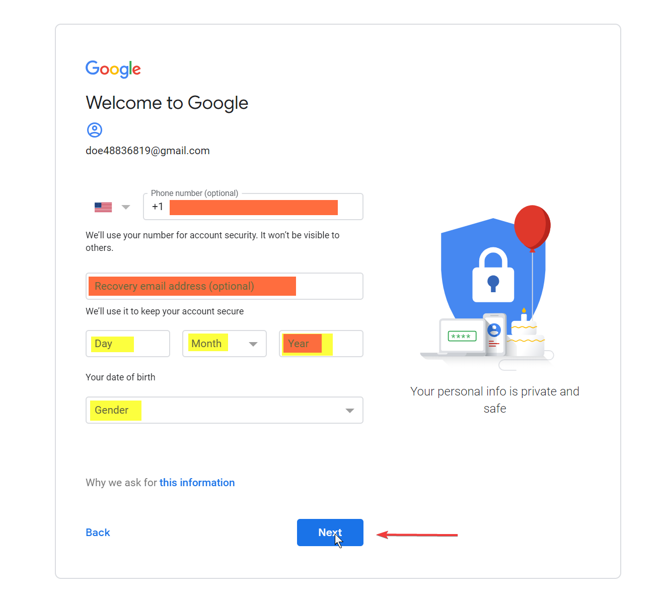 Enter details to create a Google account