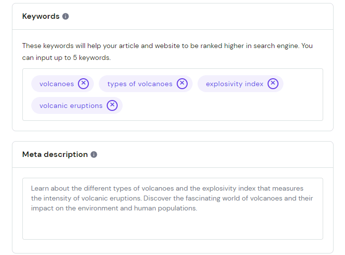 Secciones de palabras clave y meta descripciones en la interfaz del Asistente con IA de Hostinger WordPress
