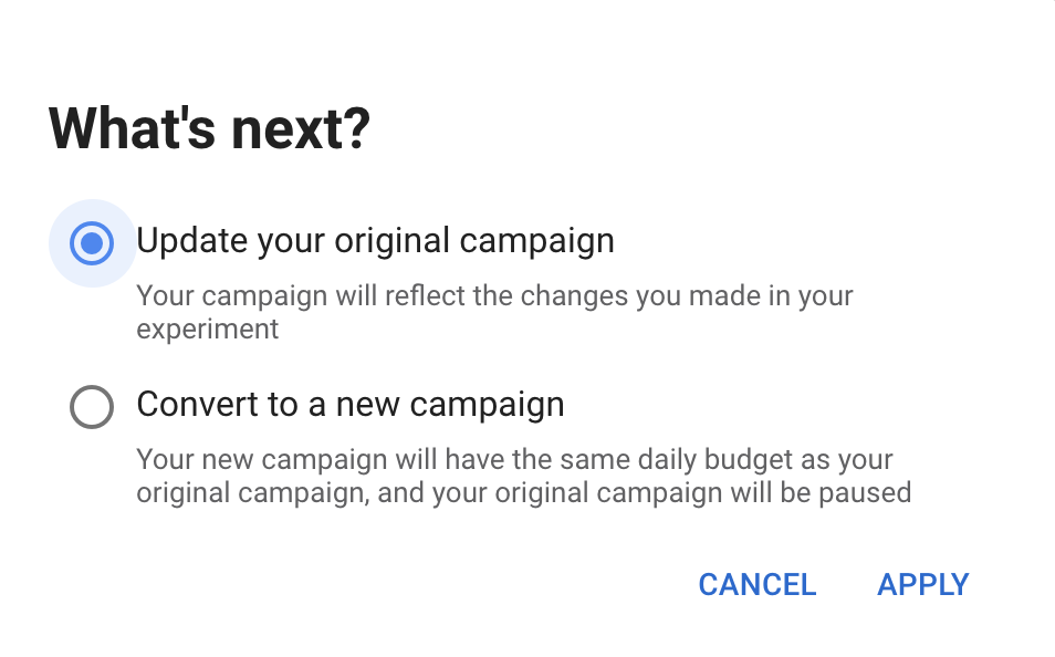 The "What's next?" screen in the campaign settings.