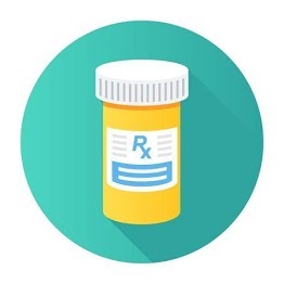 [Image is an orange pill bottle with a white lid and a sticker that says "Rx" in blue, illustrated to look as if there are more lines of text. The background is a teal circle.]