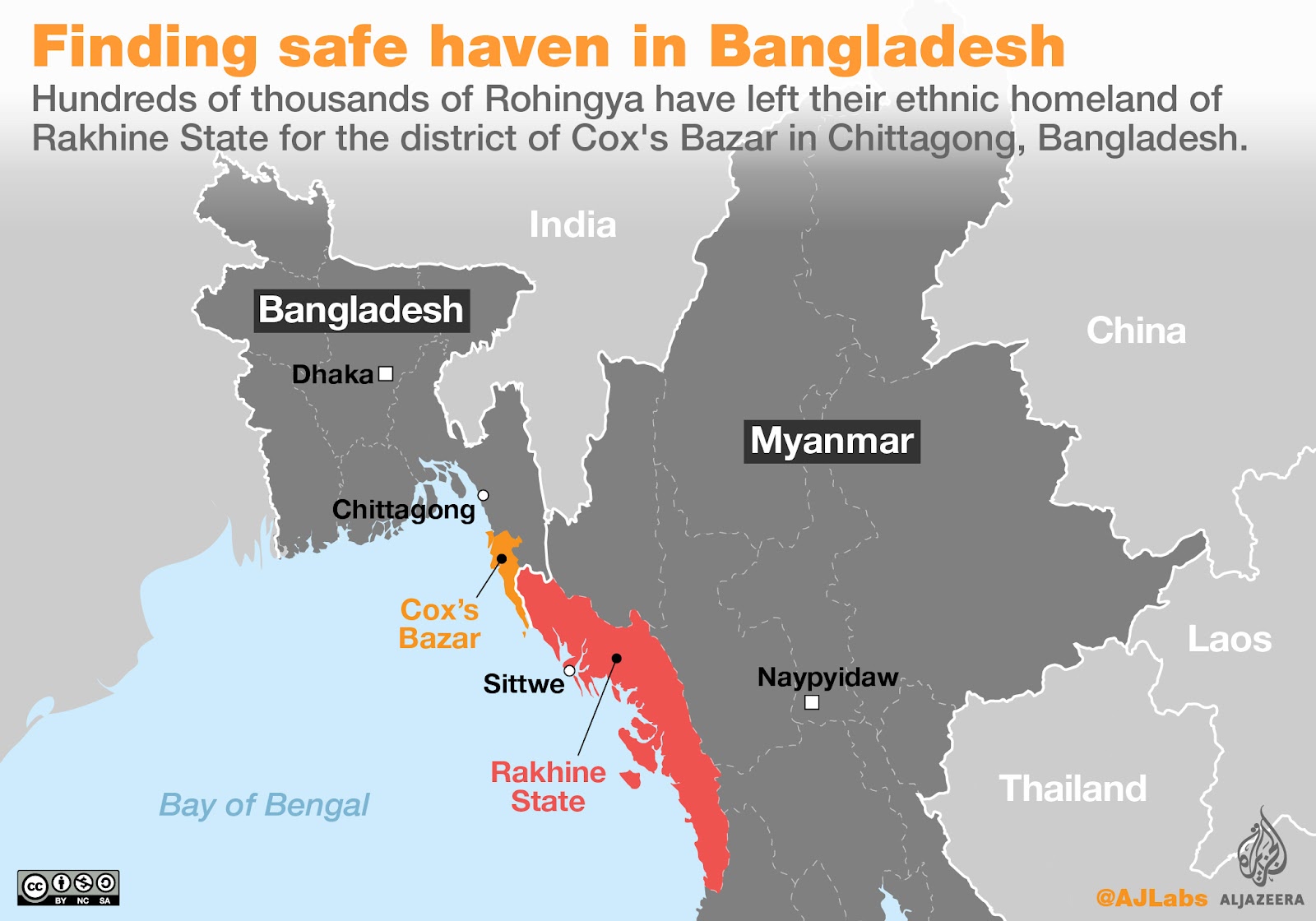Bangladesh and Myanmar on a map showing Cox's Bazar and Rakhine state respectively.