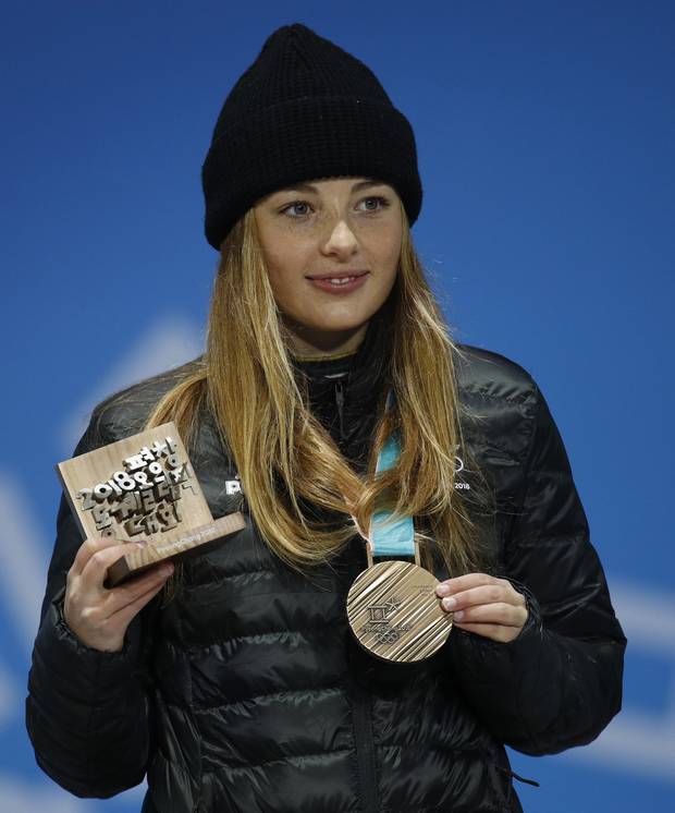 Bronze medalist in the women's Big Air snowboard Zoi Sadowski-Synnott. Photo / AP