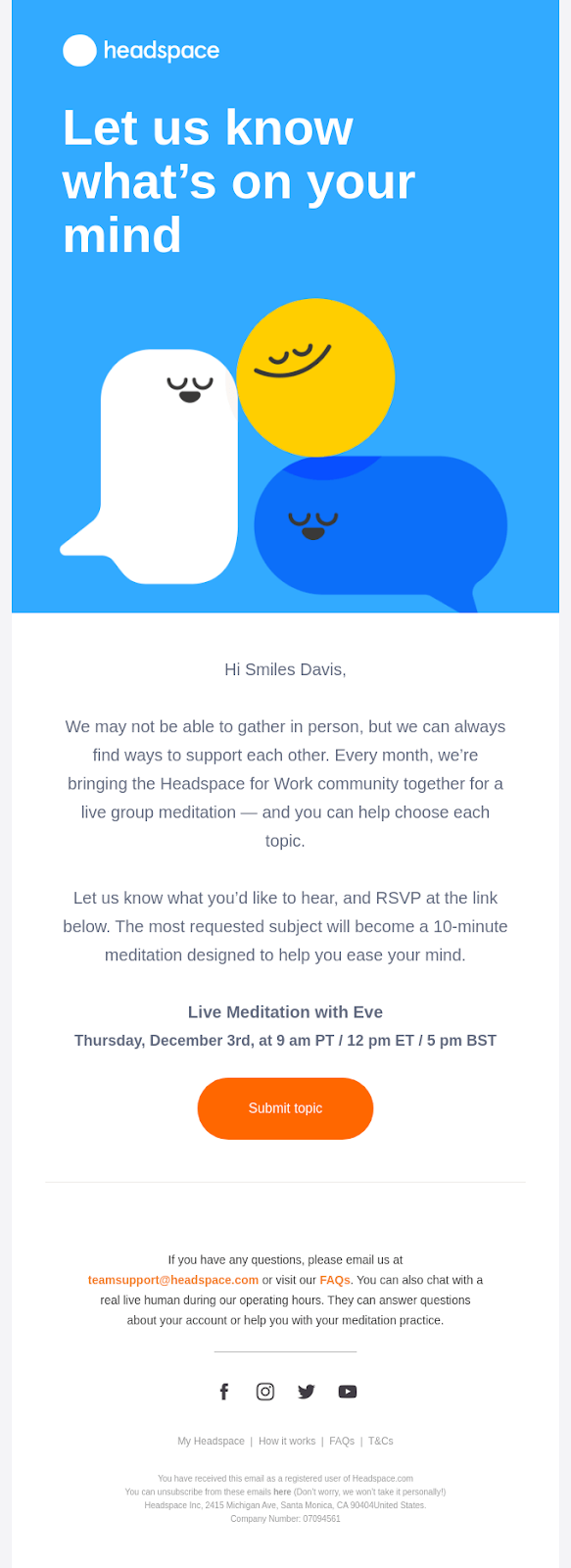 Invitation email by Headspace where you can submit your question beforehand