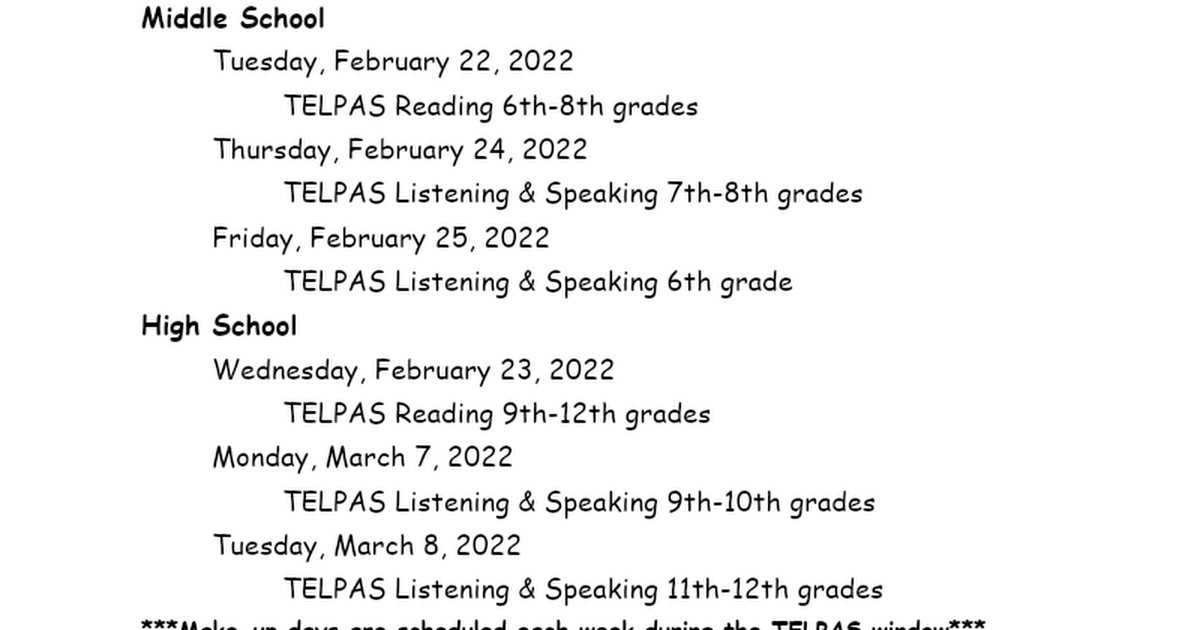TELPAS Online Test Dates