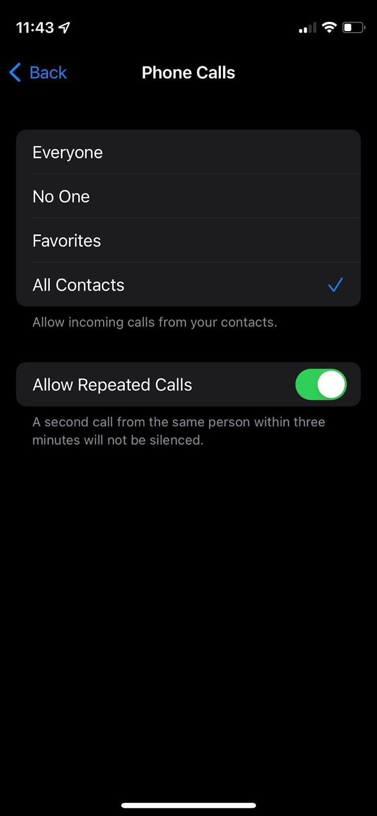 phone calls allowed - do not disturb DND setting in iOS