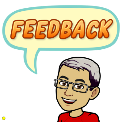 Dr. CG bitmoji wearing glasses and with beige thought bubble with turquoise outline and orange text: "FEEDBACK".