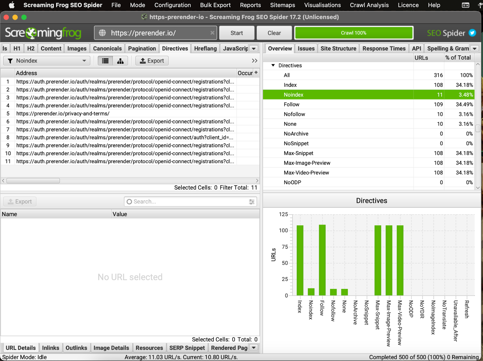 Noindex report in Screaming Frog