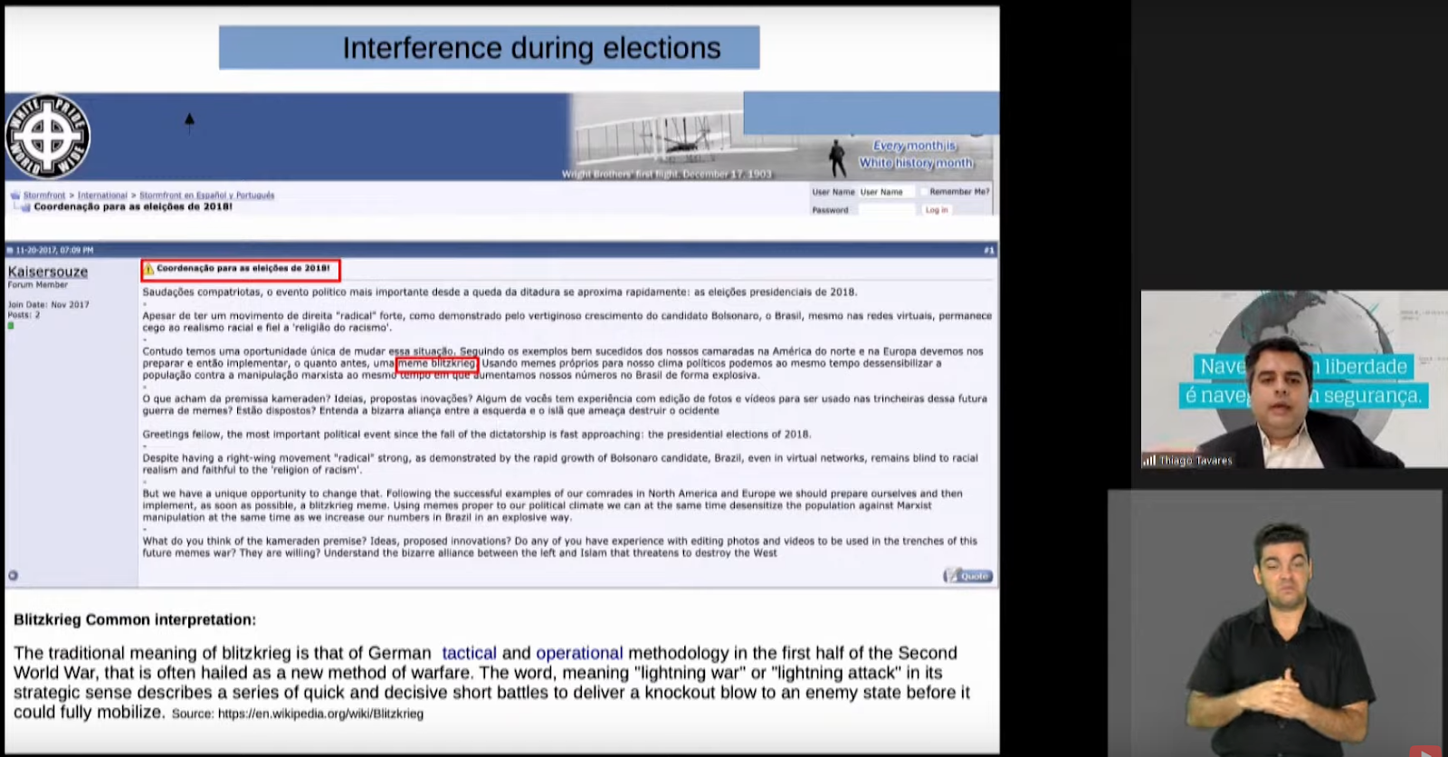 Apresentação de Tavares durante Segundo Seminário Internacional Desinformação e Eleições: Captura de tela: The Hack.