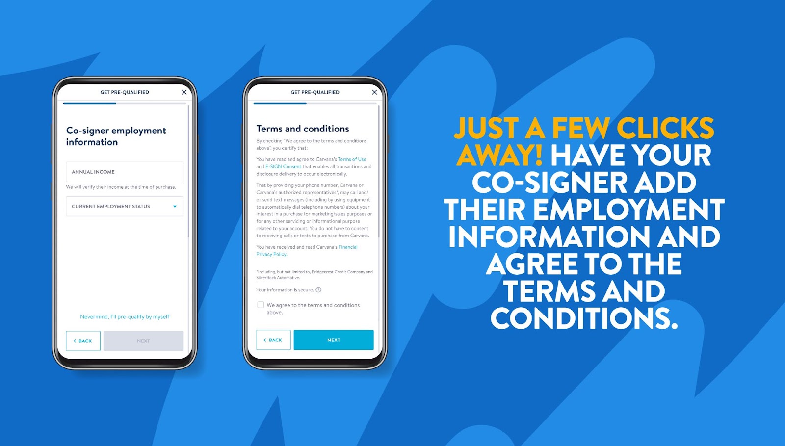 Step three - have your co-signer add their employment information and agree to the terms and conditions.