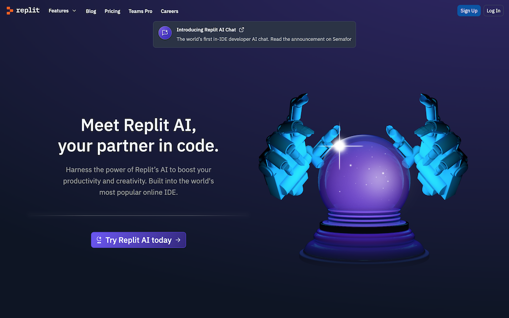 Replit AI. homepage screenshot