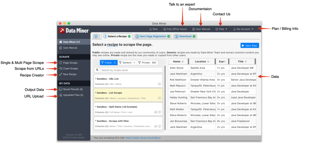 Talk to an expert Single & Multi Page Scrape Scrape from ALS Recipe Creator Output Data URL Upload Data Miner DATA Select a recipe to scrape the page. *wed by by Oat. copied ottw • URL List Contact Us Plan / Billing Info Exp n Title • • Split • —ith Ma 't Regucci Ma Muuen Steve Robe rts Jon Tampa,'sv Petersburg Greater New York Cit Tm pa,'St. petembi_ws Wroclaw, san Ar 2. 5. yts yrs 8. yrs Developer Kit Java Jan 't Kit Java Developer at at EP 