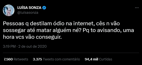 Luísa Sonza em publicação no seu perfil oficial do Twitter - Artigo Anitta