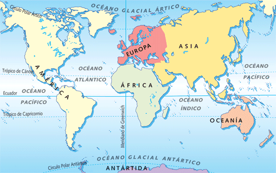 Resultado de imagen para MAPA PLANISFERIO MARCADO LAS PRINCIPALES LÍNEAS IMAGINARIAS