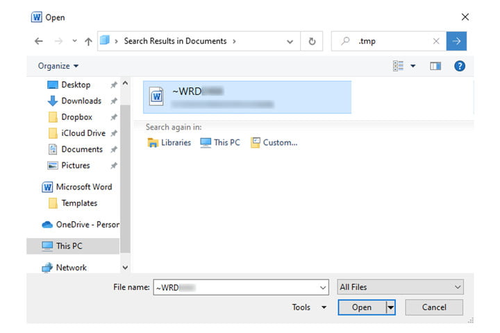 Un .tmp fichier Microsoft Word situé dans Documents dans Windows 10.