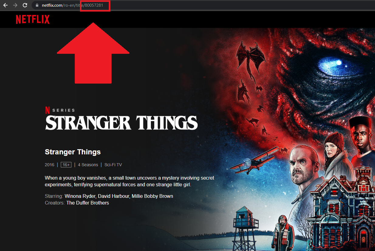Screenshot of Netflix with Stranger Things URL code highlighted