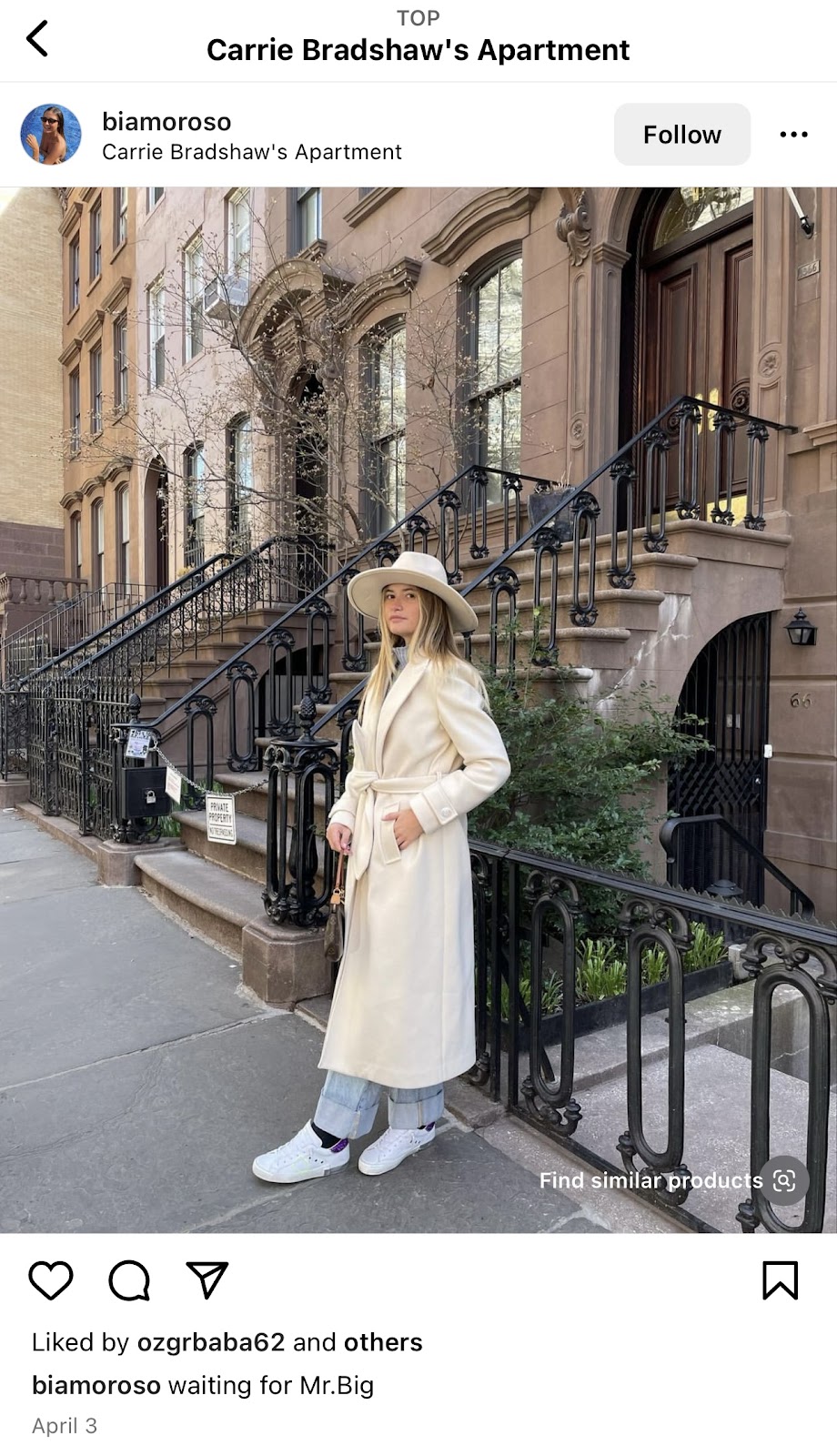 instagram photo with carrie bradshaw's apartment as location