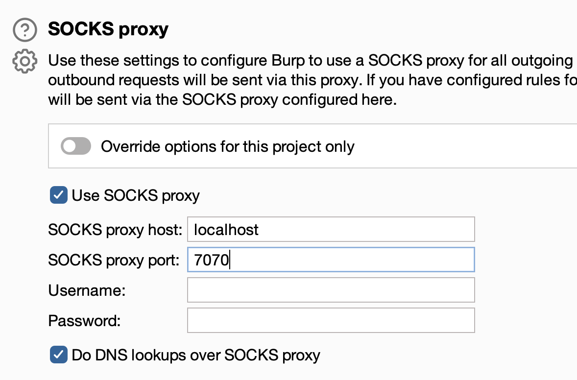 Screenshot of the SOCKS proxy settings in burp suite with use socks proxy checked and do DNS lookups over SOCKS proxy checked 