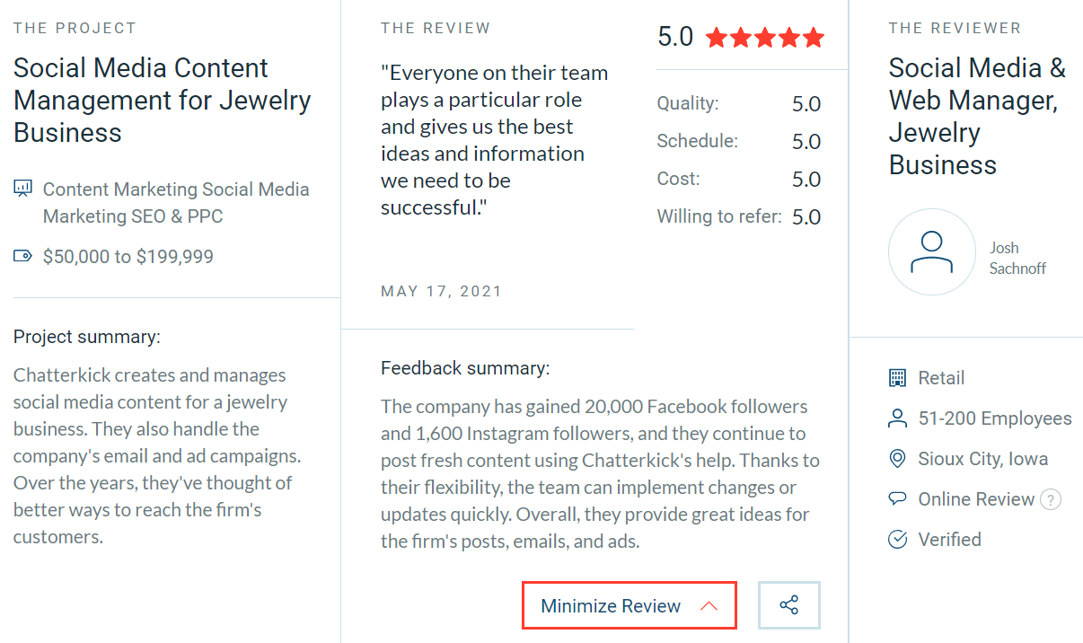 5 star review from jewelry business