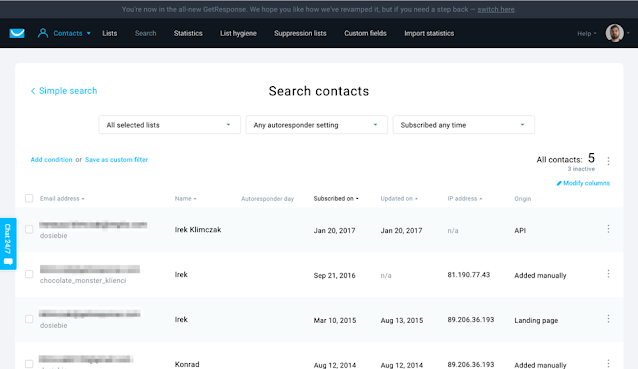 An example of searching for contacts in GetResponse