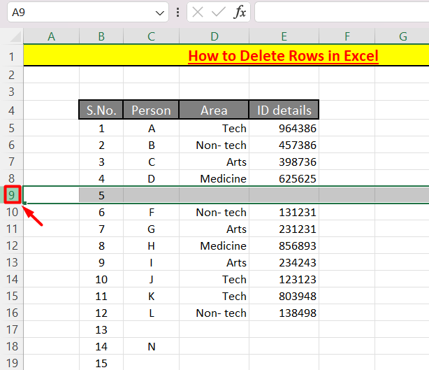 How to delete rows in Excel- select the row using the mouse by clicking on the row heading