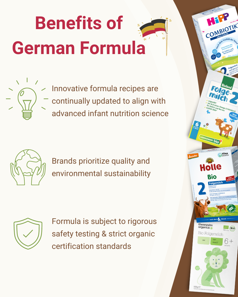 Benefits of German baby formula infographic.