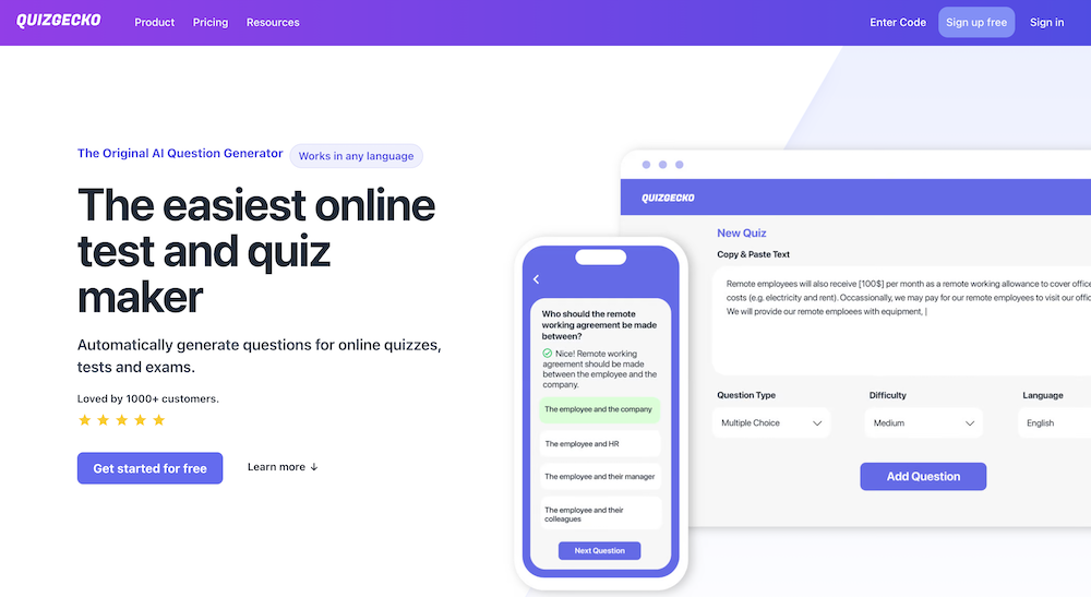 Quizqecko. AI online test and quiz maker. Homepage screenshot