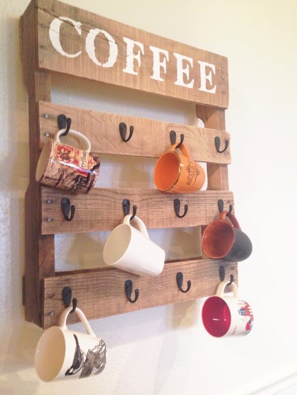 Wooden coffee mug holder with black hooks
