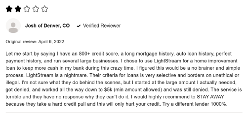Person leaving a negative review because they are upset that they were not approved for a LightStream personal loan. 