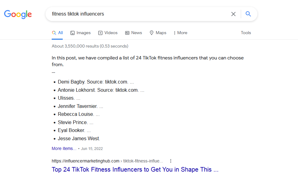 organic Google search for fitness tiktok influencers
