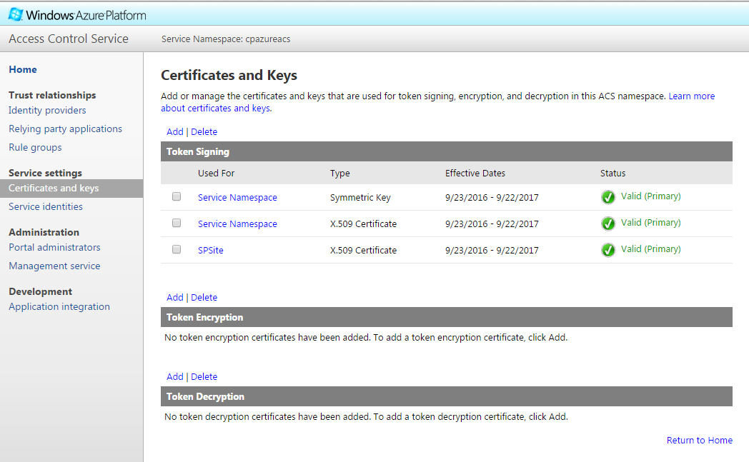 Azure ACS Certificate and Keys