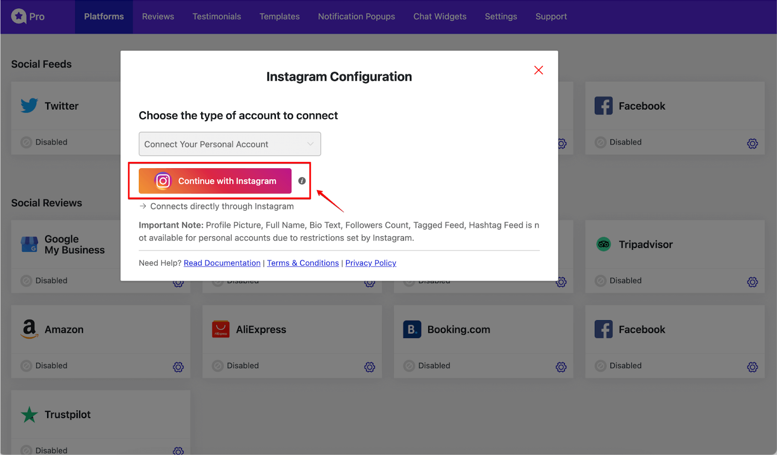 Click Continue with Instagram to connect a personal account. 