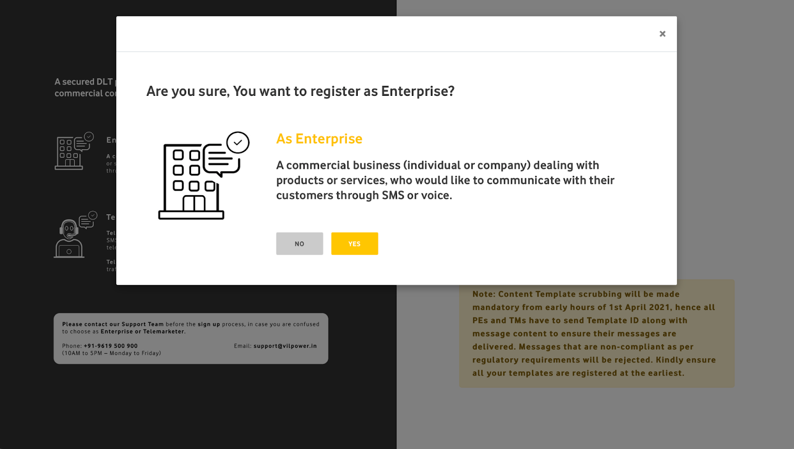 Pop up question on Vodafone DLT registration page for enterprises