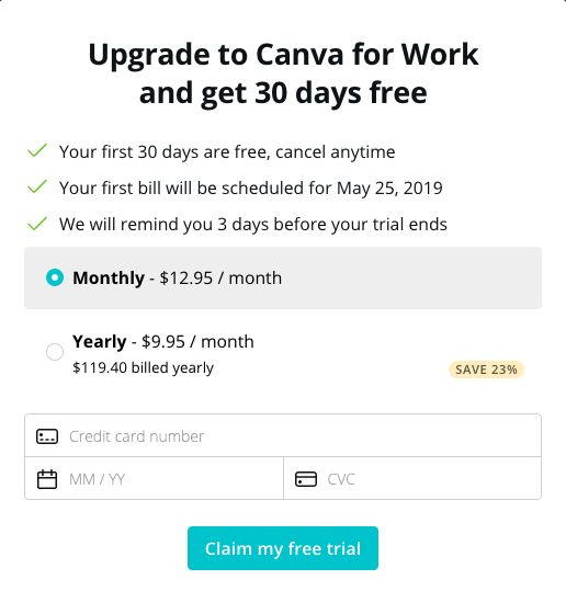 Canva's pricing plan for their premium service, including 30 days of premium free.