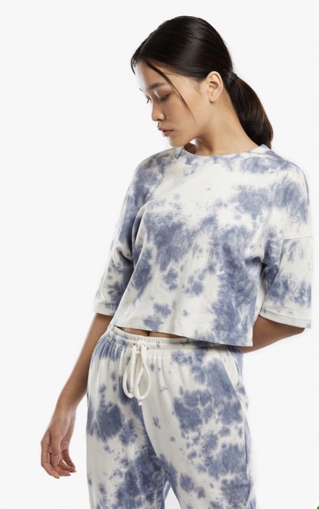 White Blue Tie and Dye Cotton Jersey Crop Top