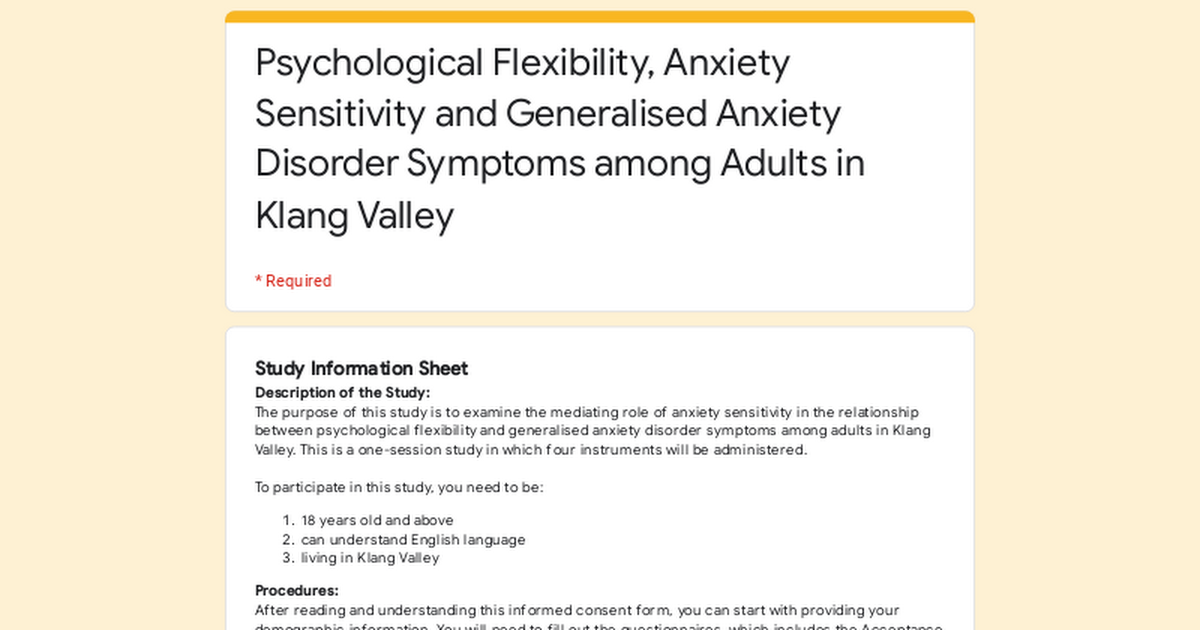 Psychological Flexibility, Anxiety Sensitivity and Generalised Anxiety Disorder Symptoms among Adults in Klang Valley
