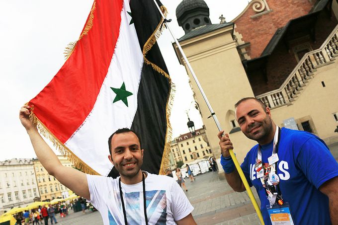 Al and Yousef Astfan are brothers from Syria who reunited in Krakow at World Youth Day after three years. Credit: Kate Veik/CNA.