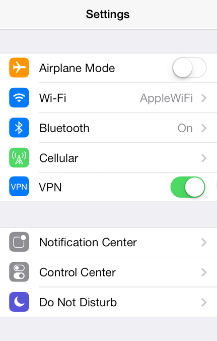 iPhone VPN settings toggle