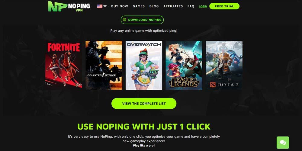 NoPing VPN service main page and several games like Fortnite, Overwatch and League of Legends
