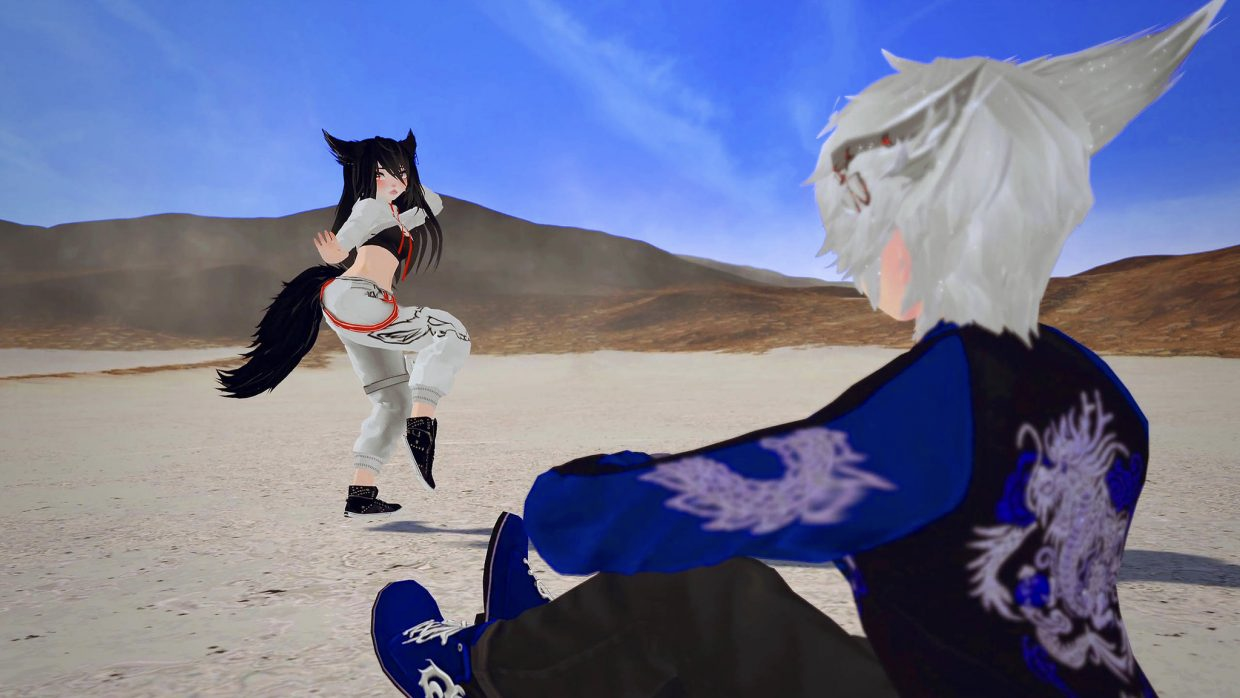 A screen still from We Met in Virtual Reality, featuring a VR character dancing alone in a desert settings, while another avatar sits and watches the performance.