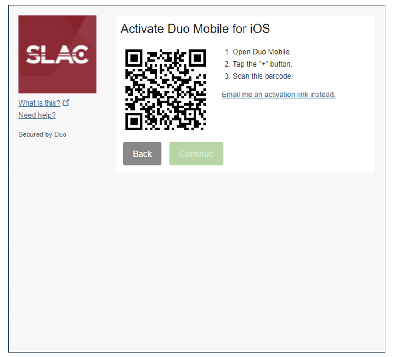 Screenshot of the Duo screen titled "Activate Duo Mobile of iOS"