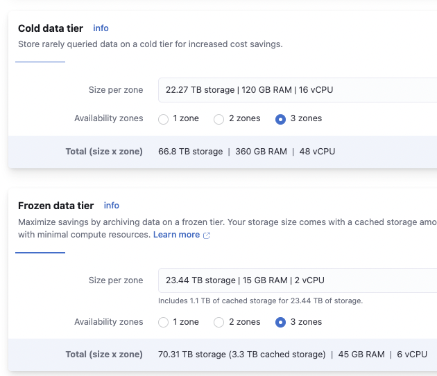 Cold data tier and frozen data tier section in the Elastic Pricing Calculator