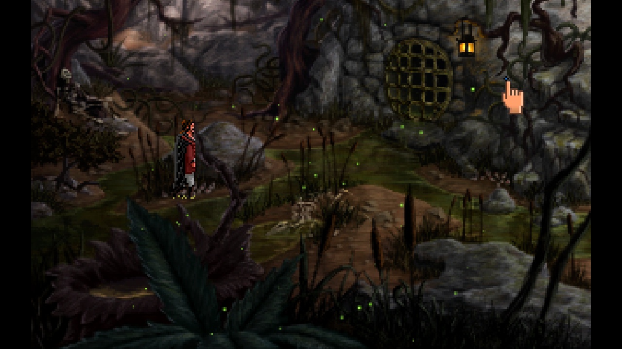 A screenshot showing a dark environment where the hero can barely see