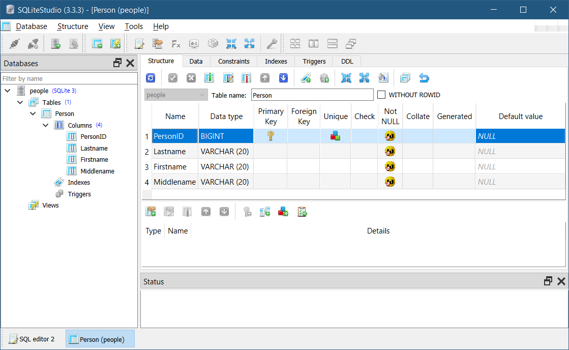 SQLite database structure used for the code samples.